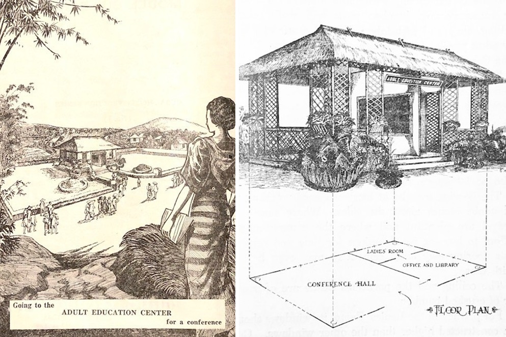 Illustrations to show a model Adult Education Centre, a place where rural Filipinos could go to receive basic training in literacy. Such edifices, erected by the Bureau of Public Works from local, organic materials, were to be erected in the poorer barrios of the Philippines and were to complement public works schemes to improve rural homes. 